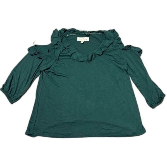 French Laundry Blouse 1X Forest Green Cold Shoulder 3/4 Sleeve Ruffles Bohochic - Picture 2 of 6
